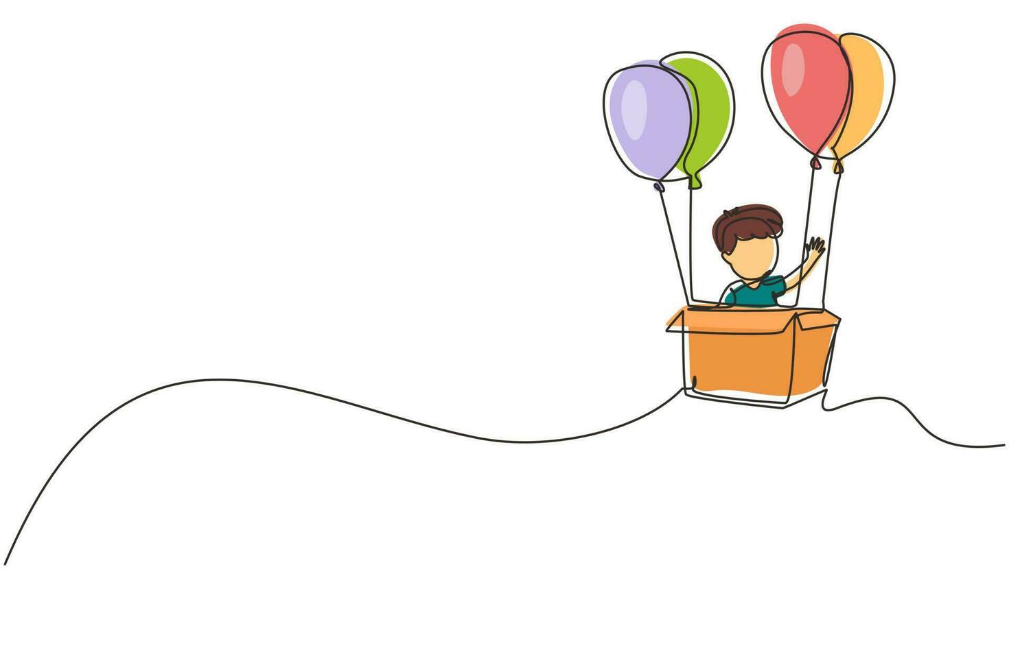 enkele een lijntekening schattige jongen zit in kartonnen doos met ballonnen. kleine piloot van heteluchtballon. creatief kindkarakter dat heteluchtballon speelt. ononderbroken lijntekening ontwerp grafische vector
