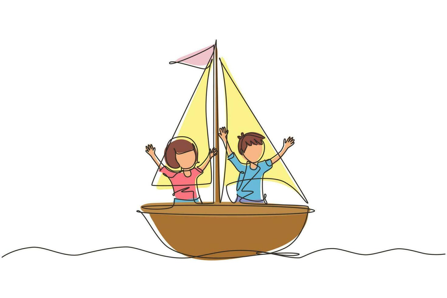 continu één lijntekening lachende jongen en meisje in zeilboot samen. happy kids zeilboten. schattige kinderen op de boot. vrolijke avonturen en reizen. enkele lijn ontwerp vector grafische afbeelding