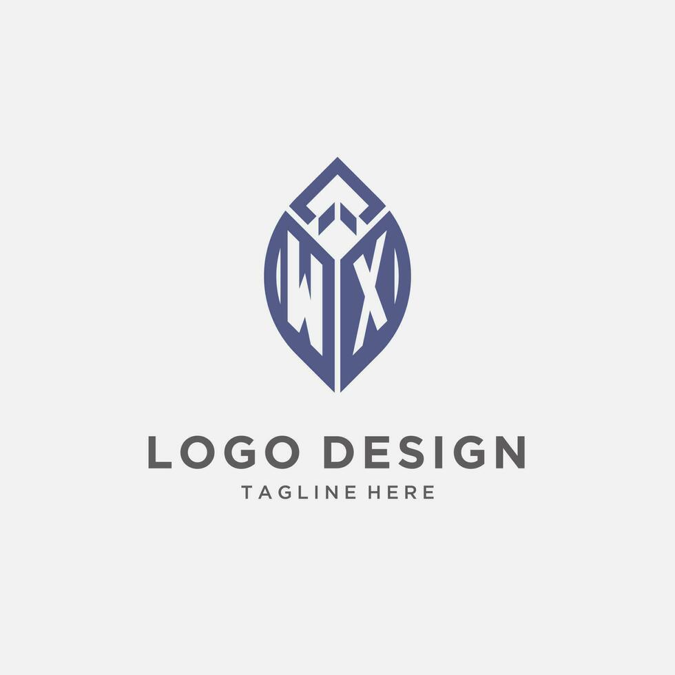 wx logo met blad vorm geven aan, schoon en modern monogram eerste logo ontwerp vector