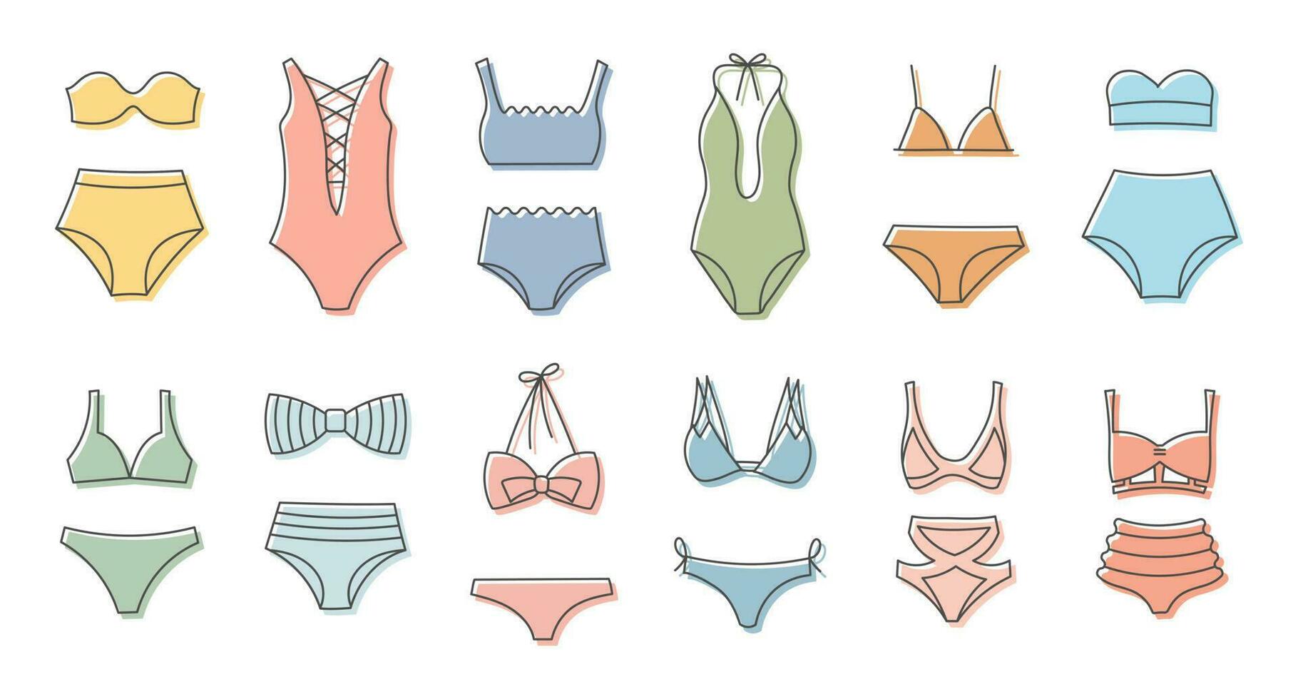 reeks van hand getekend vrouwen bikini badmode Aan een wit achtergrond. vrouwen kleding pictogrammen, schetsen, vector