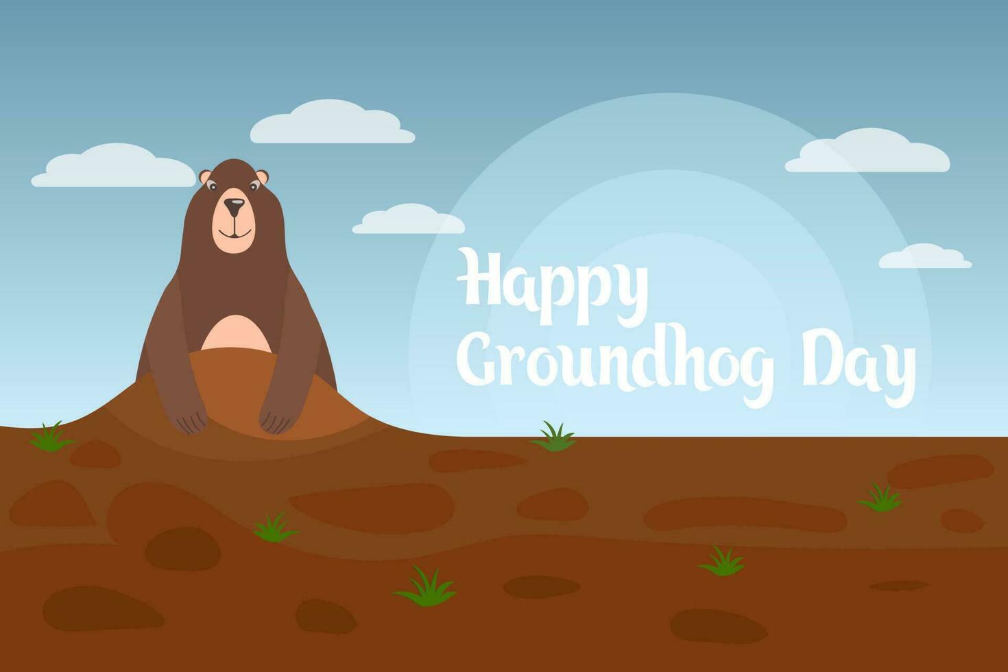 gelukkig groundhog dag, grappig tekenfilm groundhog Aan zonsondergang achtergrond. feestelijk illustratie, afdrukken, vector