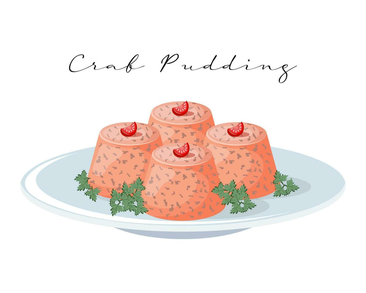 itapoa krab pudding, zeevruchten pudding, Latijns Amerikaans keuken, braziliaans nationaal keuken. voedsel illustratie, vector