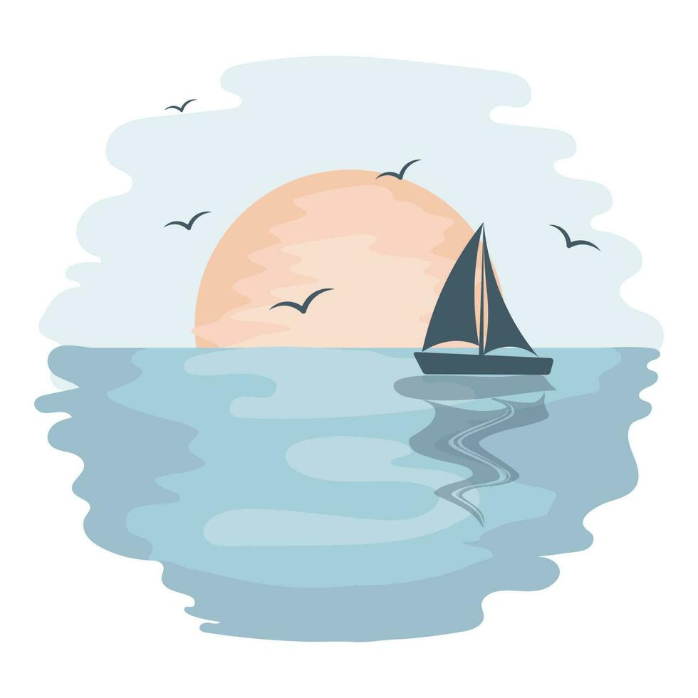 zonsondergang Aan een tropisch zee met een jacht en meeuwen Aan een waterverf achtergrond. illustratie, icoon, vector