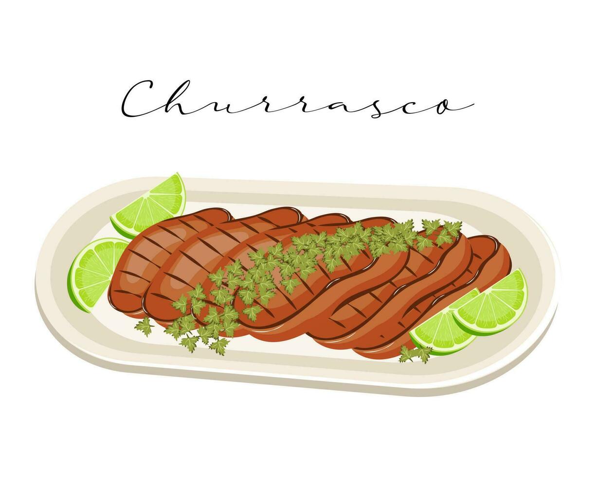 gegrild braziliaans vlees met limoen, churrasco, Latijns Amerikaans keuken. nationaal keuken van Brazilië. voedsel illustratie, vector