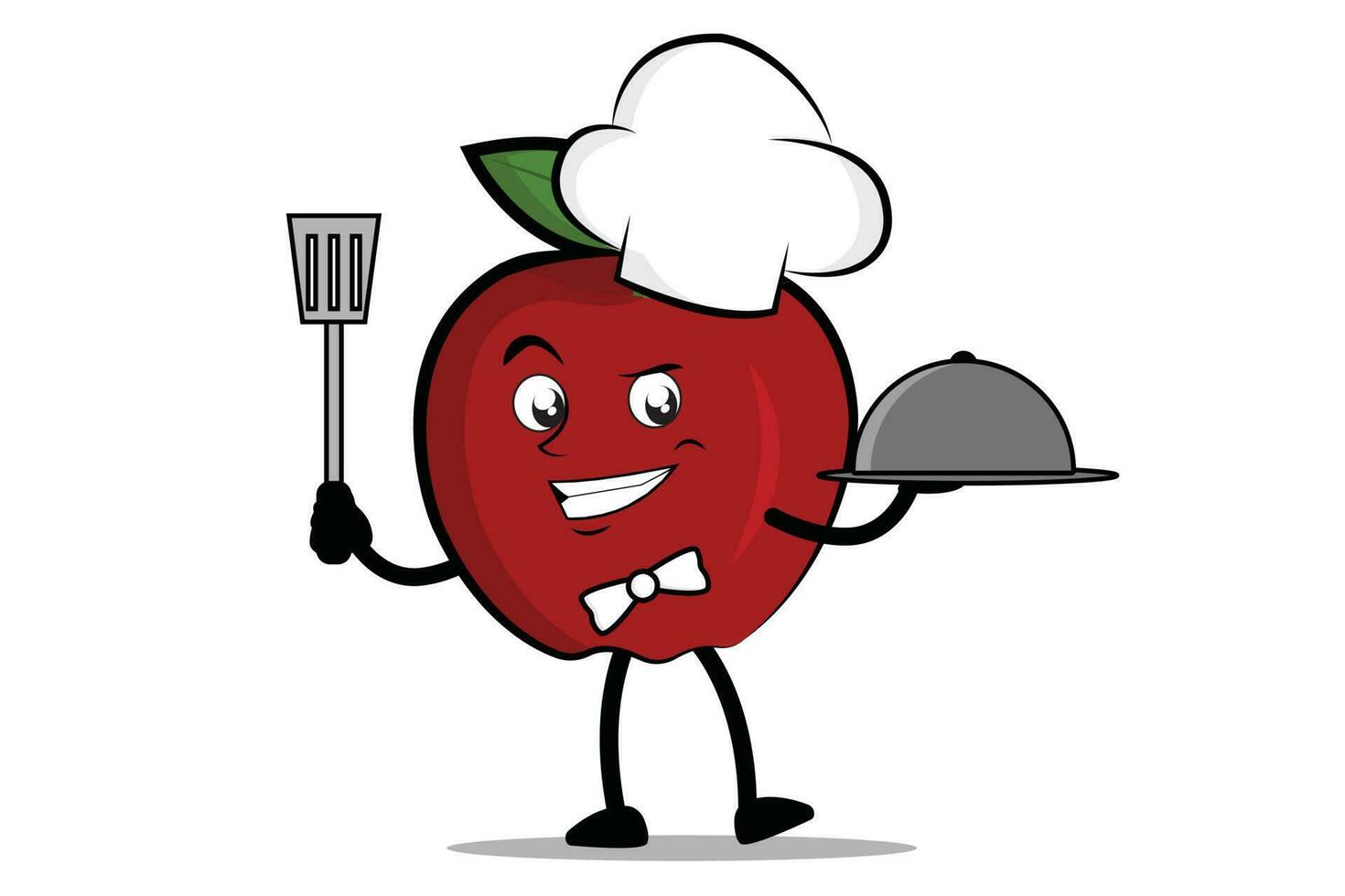 appel tekenfilm mascotte of karakter net zo een chef Holding de spatel en portie bord vector