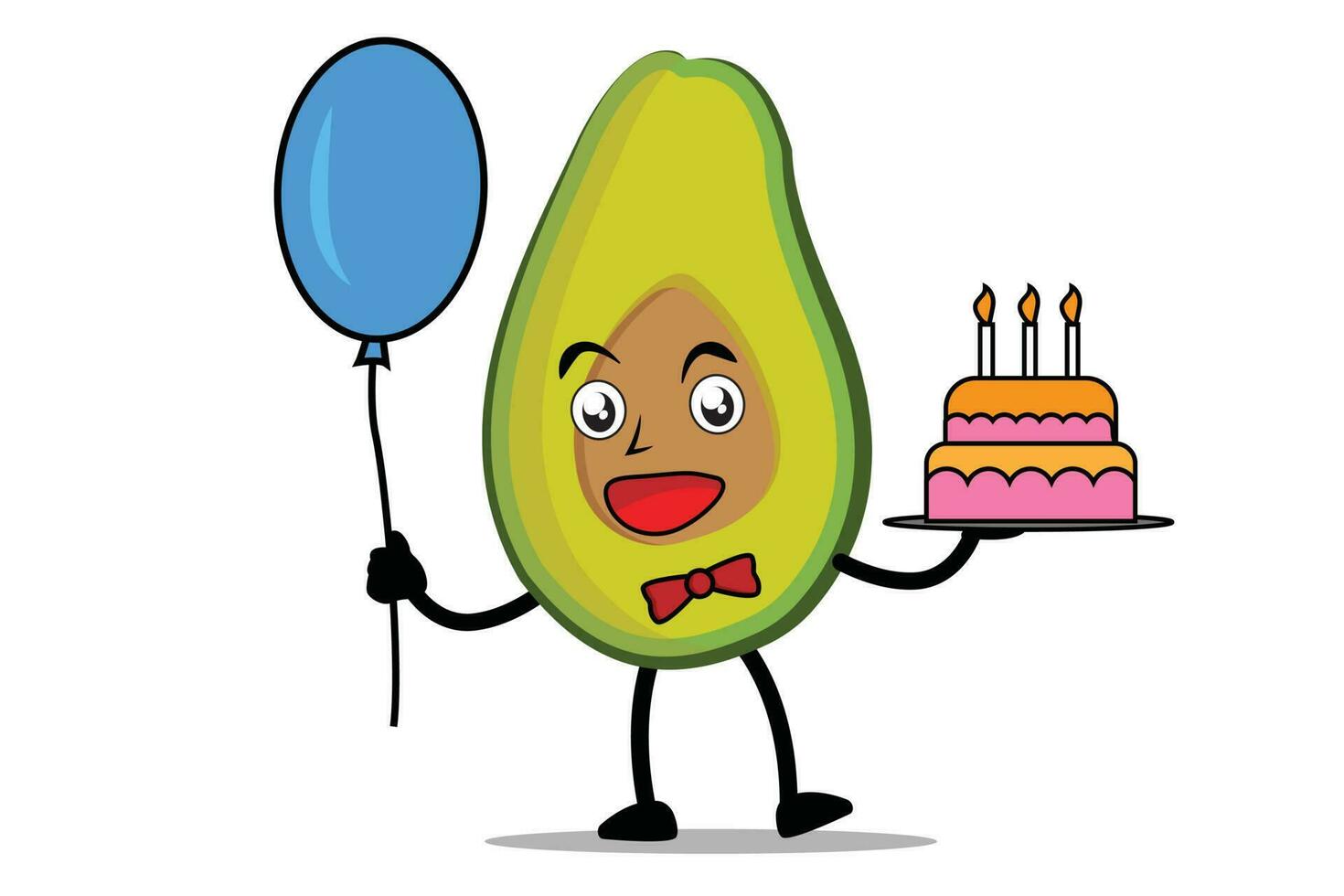 avocado tekenfilm mascotte of karakter Holding ballonnen en verjaardag taart Bij verjaardag viering evenement vector