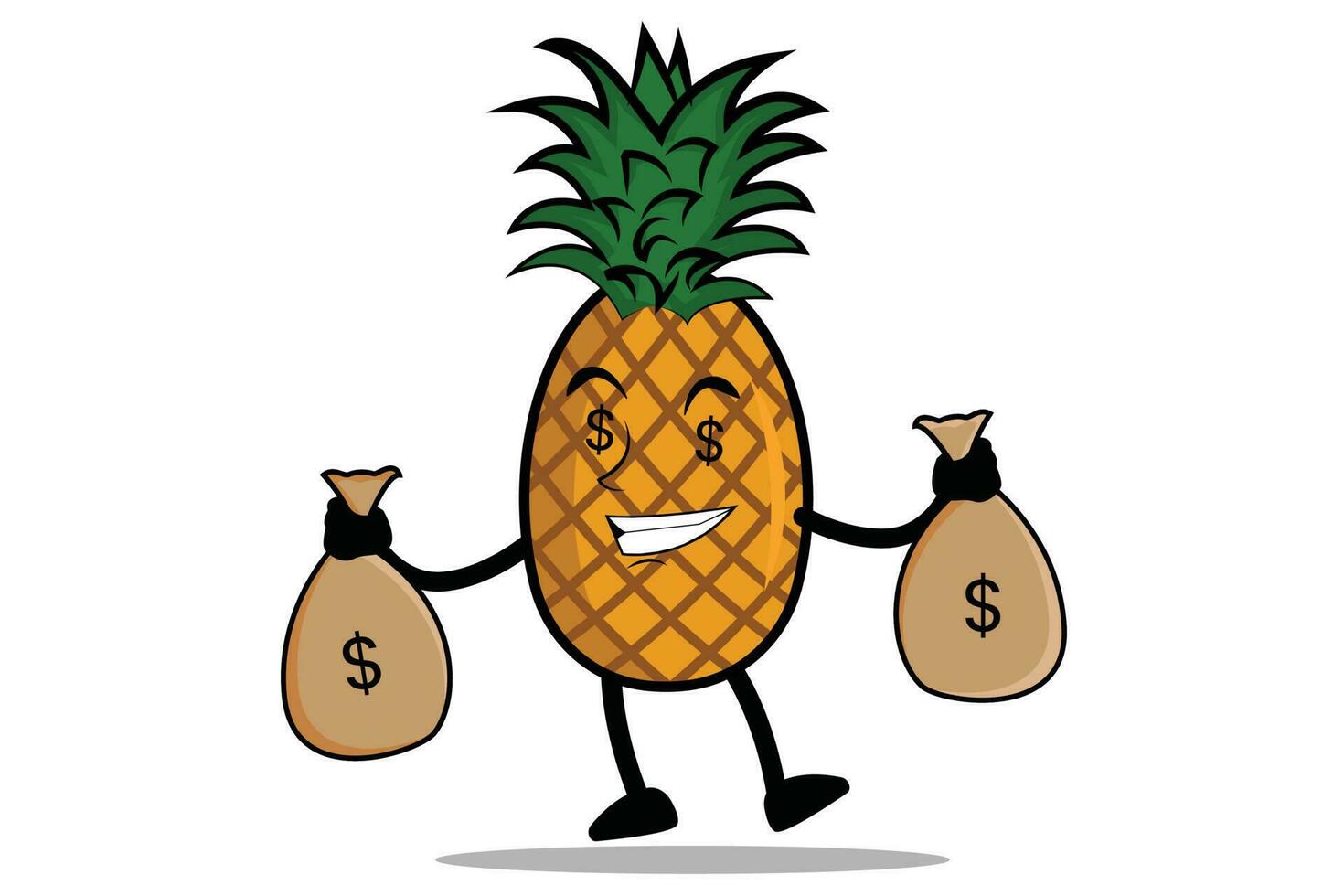 ananas tekenfilm mascotte of karakter draagt een zak van geld, een salaris van zijn bedrijf vector