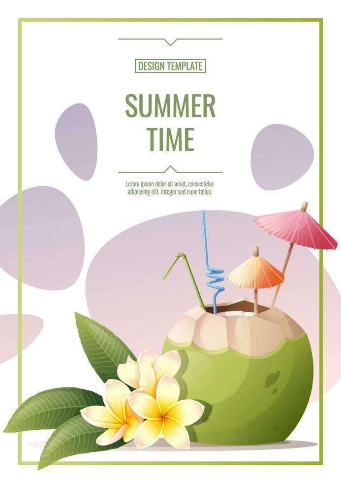 folder sjabloon ontwerp met kokosnoot cocktail, cocktail paraplu's en rietjes, frangipani bloemen. zomer strand partij, bar, verfrissend drankjes. banier, folder, poster a4 grootte voor reclame. vector