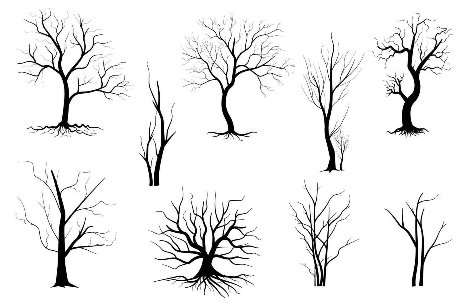 zwarte tak boom of naakte bomen silhouetten set. hand getrokken geïsoleerde illustraties. vector