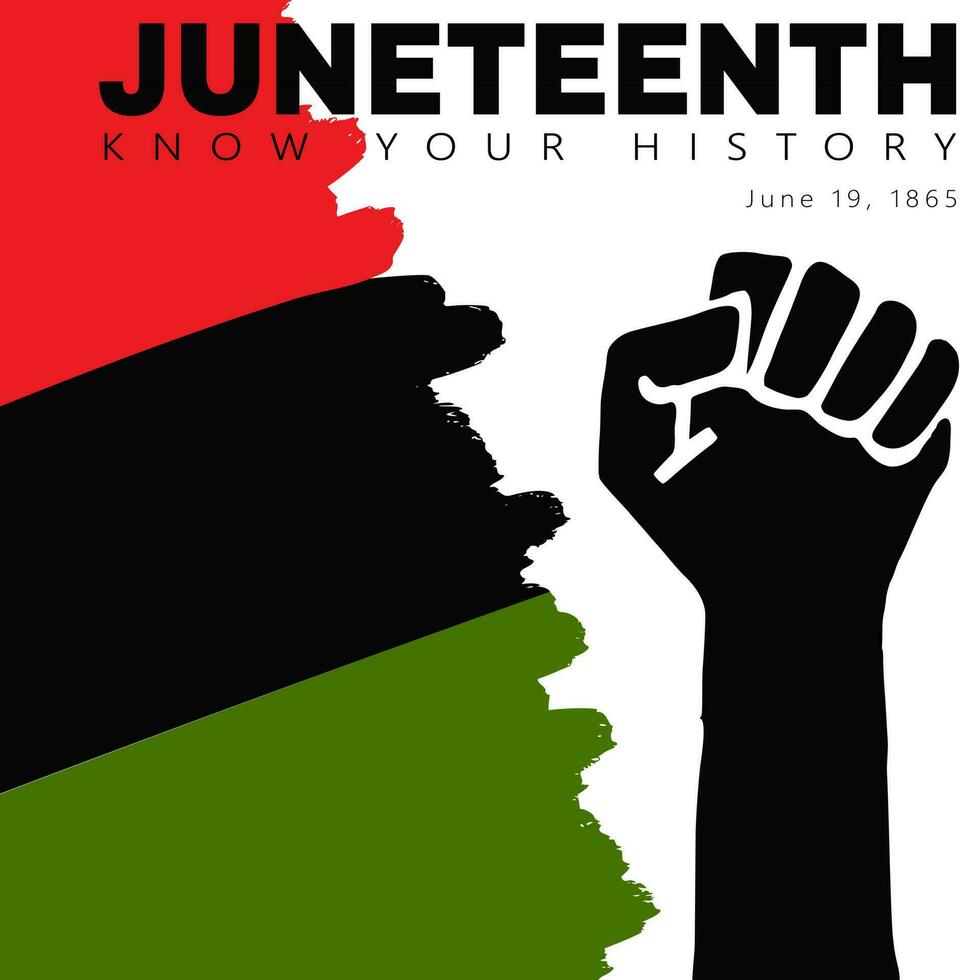 juneteenth poster sjabloon. zwart silhouet van gebalde vuist, verheven hand- en getextureerde rood, zwart, groen vlag. nationaal Afrikaanse Amerikaans onafhankelijkheid dag. weten uw geschiedenis. vector illustratie