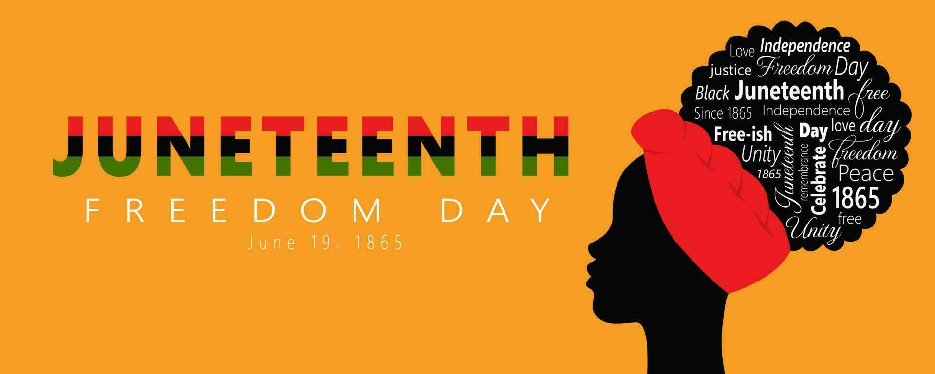 juneteenth vrijheid dag. horizontaal banier met zwart silhouet van vrouw en woorden symboliseert Afrikaanse Amerikaans geschiedenis en erfenis, nationaal onafhankelijkheid dag. vector illustratie Aan een geel