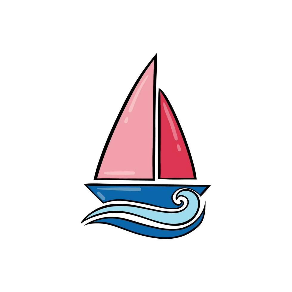zeil boot. schattig boot met zeilen Aan een wit geïsoleerd achtergrond. zeilboot en water golven. vector illustratie in een vlak stijl.