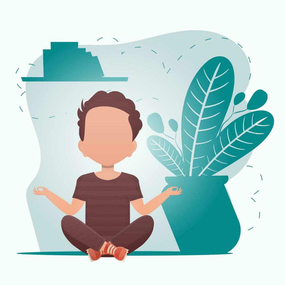 een schattig weinig baby jongen zit in de lotus positie en doet yoga in de kamer. sport- en recreatie concept. vector illustratie in tekenfilm stijl.