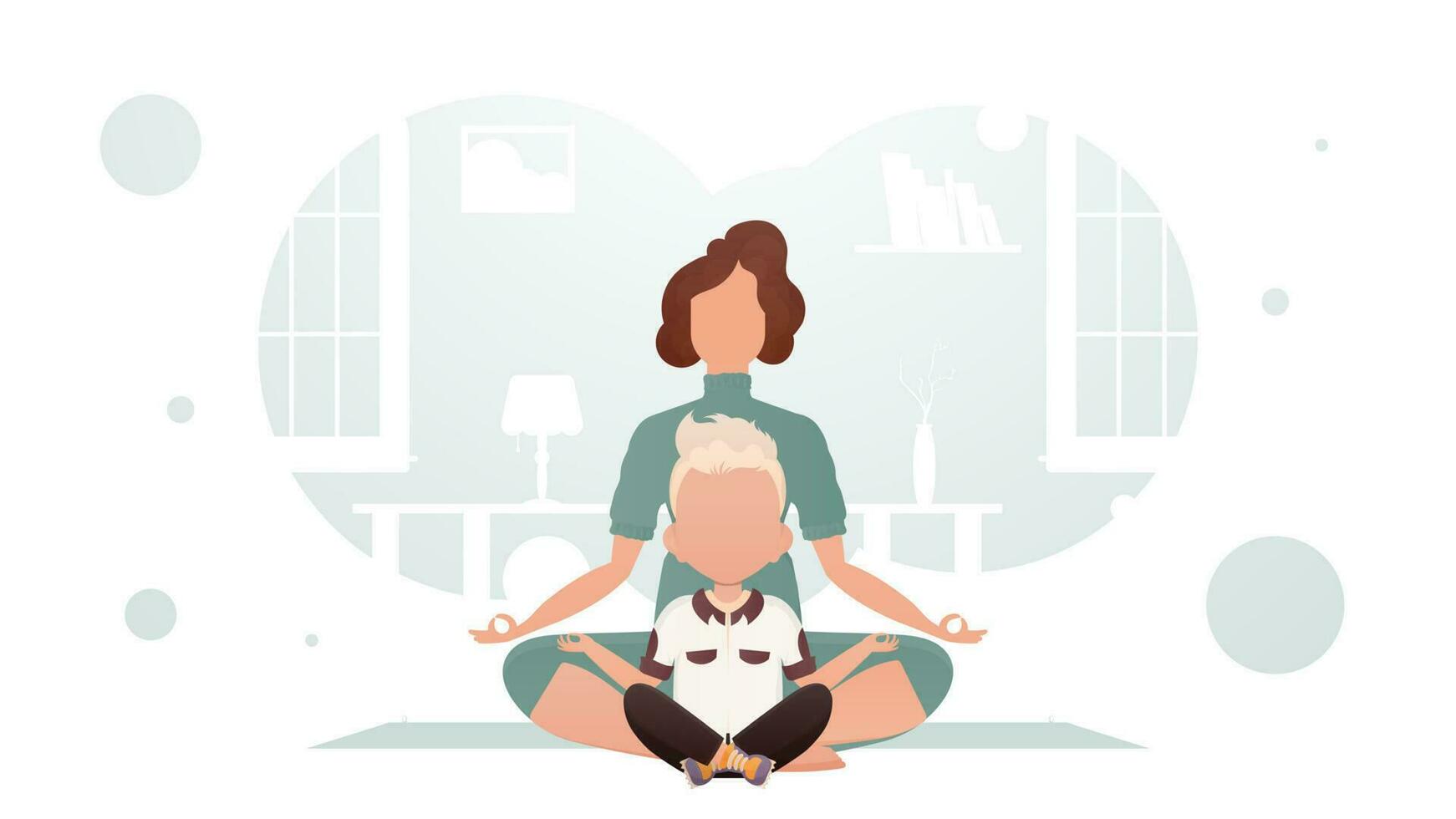 mam en zoon zitten in de lotus positie. yoga. tekenfilm stijl. vector