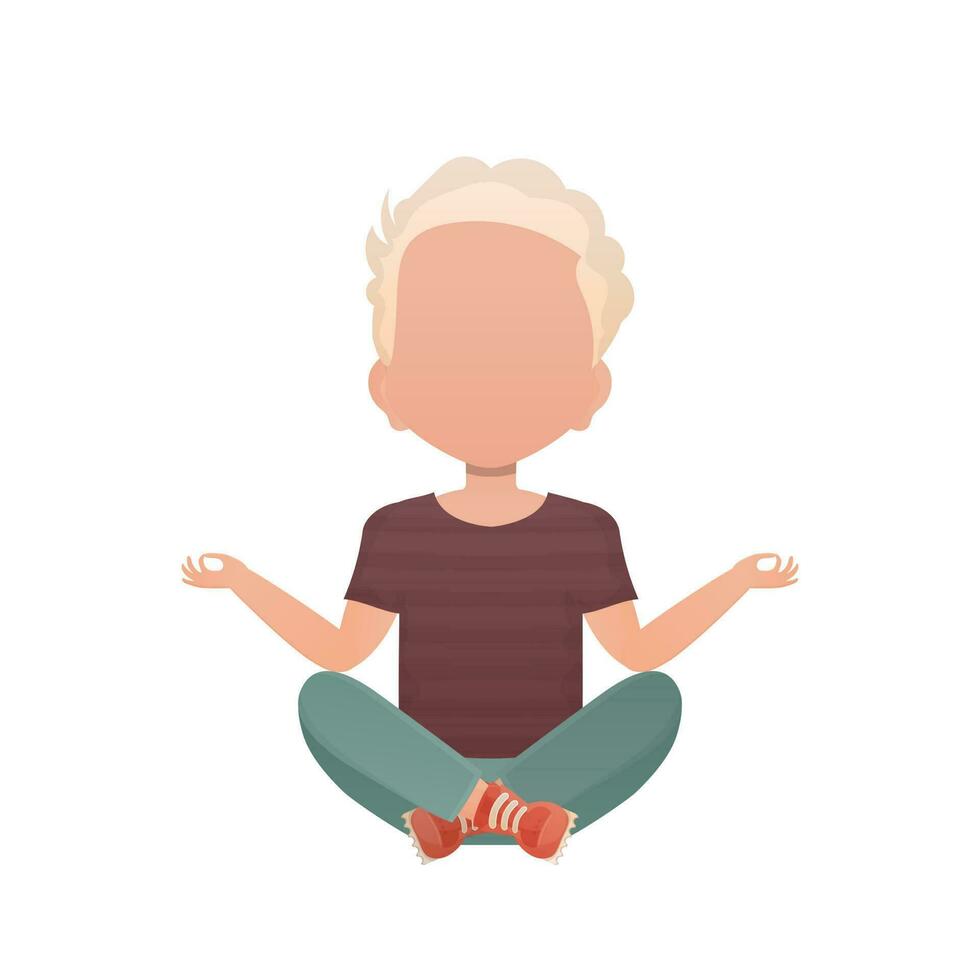 schattig peuter- jongen mediteert met yoga. geïsoleerd. tekenfilm stijl. vector