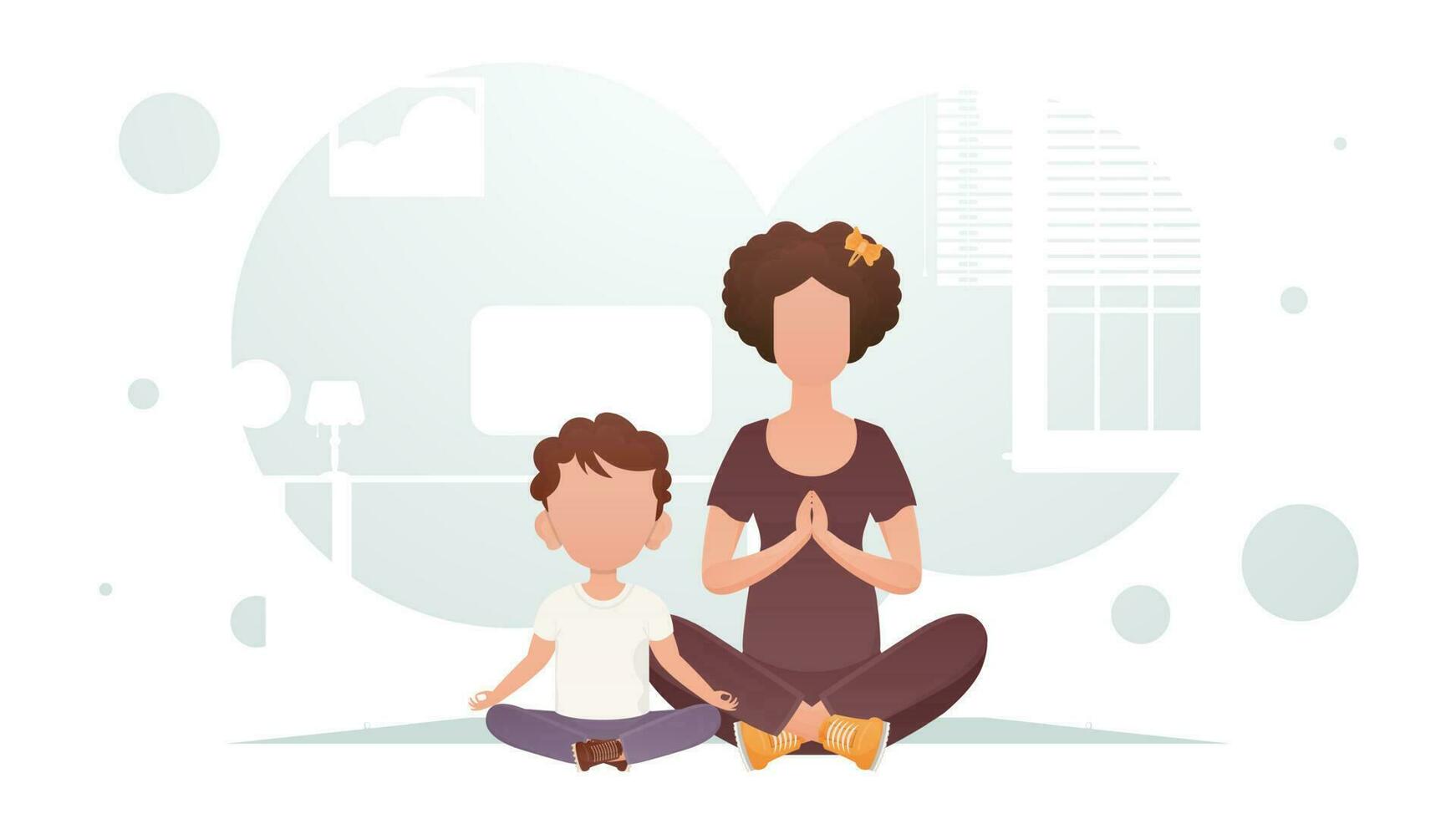 mam en zoon zijn zittend aan het doen meditatie. meditatie. tekenfilm stijl. vector