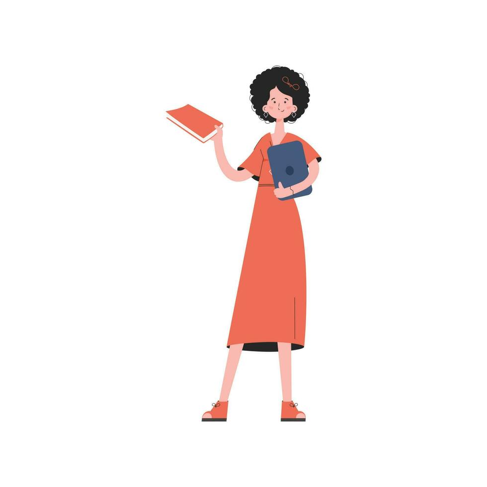 een vrouw staat naar haar vol hoogte en houdt een leerboek in haar handen. geïsoleerd. element voor presentaties, plaatsen. vector