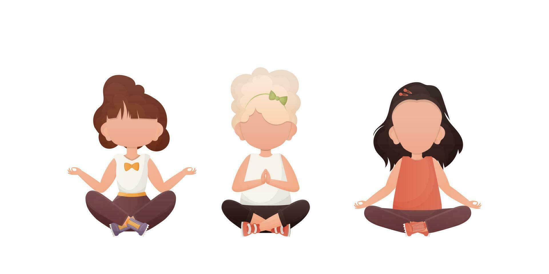 weinig meisjes zijn mediteren. kinderen meditatie. tekenfilm stijl. reeks geïsoleerd Aan een wit achtergrond. vector
