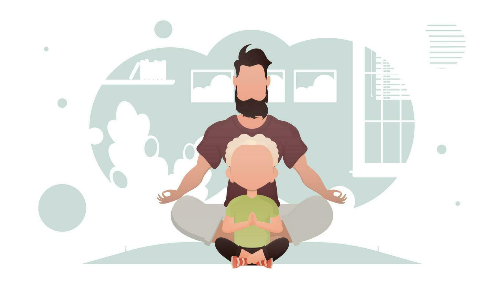 vader en zoon zijn zittend mediteren in de lotus positie. yoga. tekenfilm stijl. vector