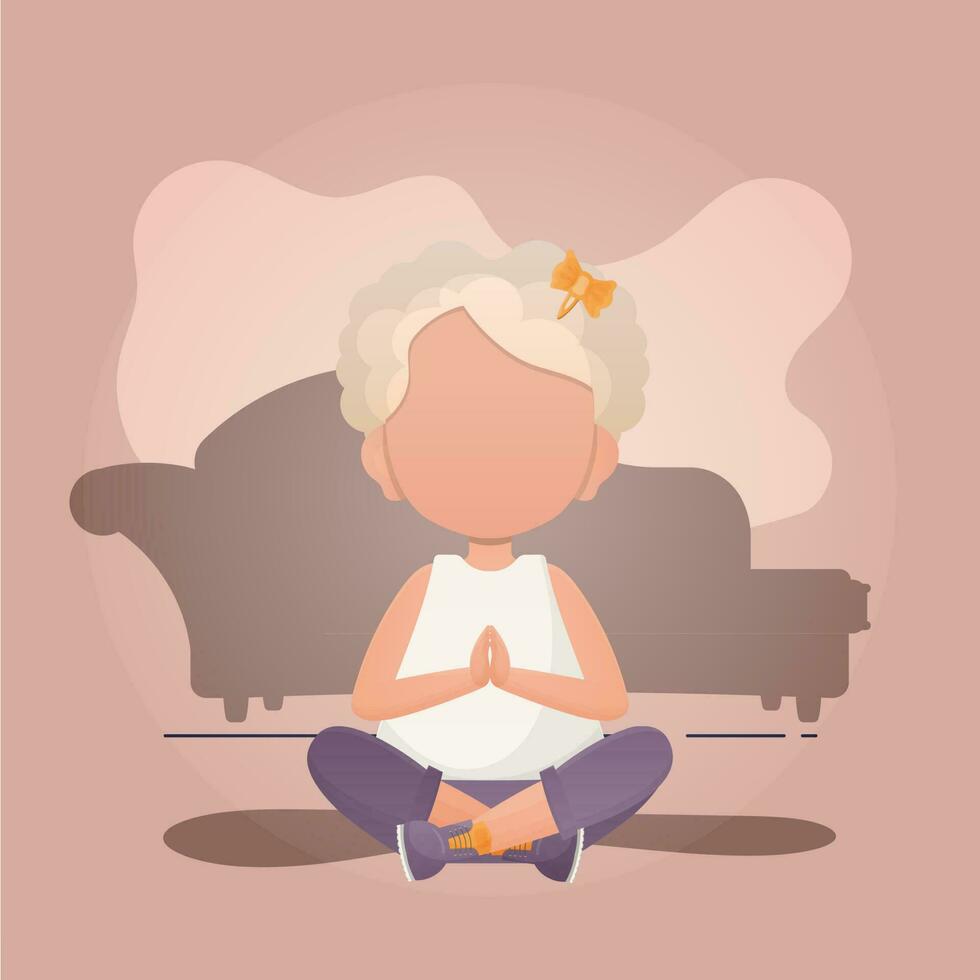 weinig meisje zit in de lotus positie. schattig yoga, opmerkzaamheid en ontspanning. vector illustratie.