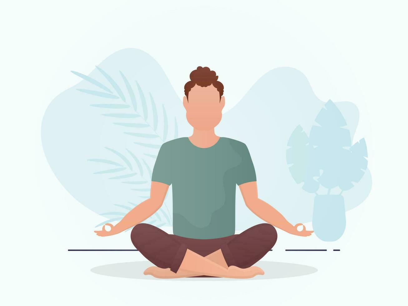 de Mens in de kamer zit in de lotus positie. meditatie. tekenfilm stijl. vector