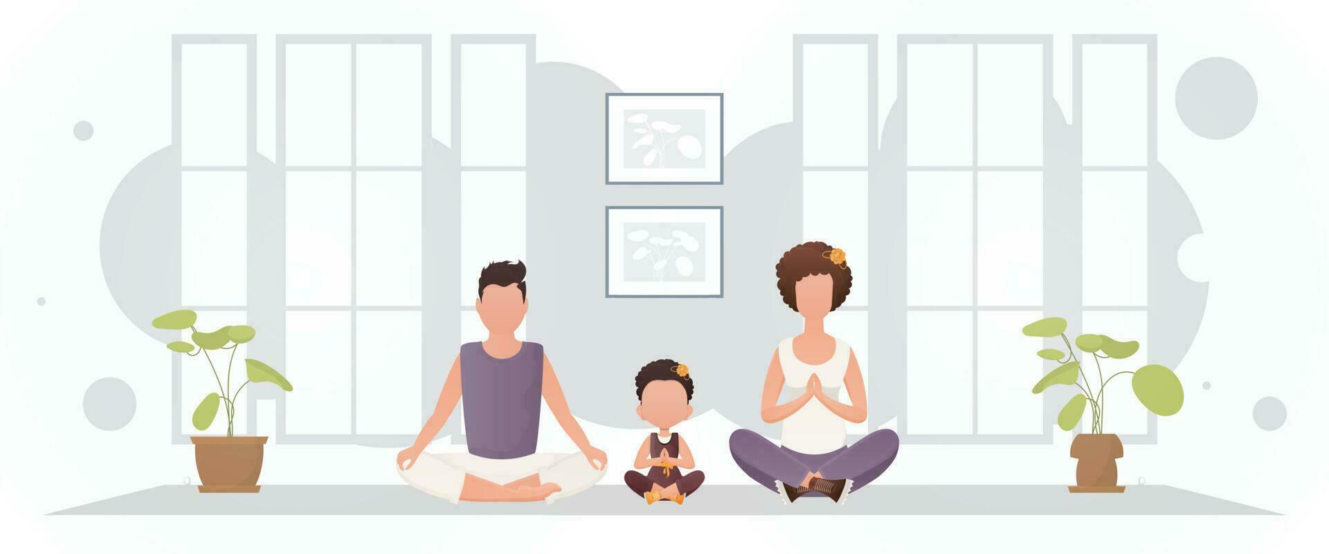 de familie is mediteren in de kamer. yoga. tekenfilm stijl. vector