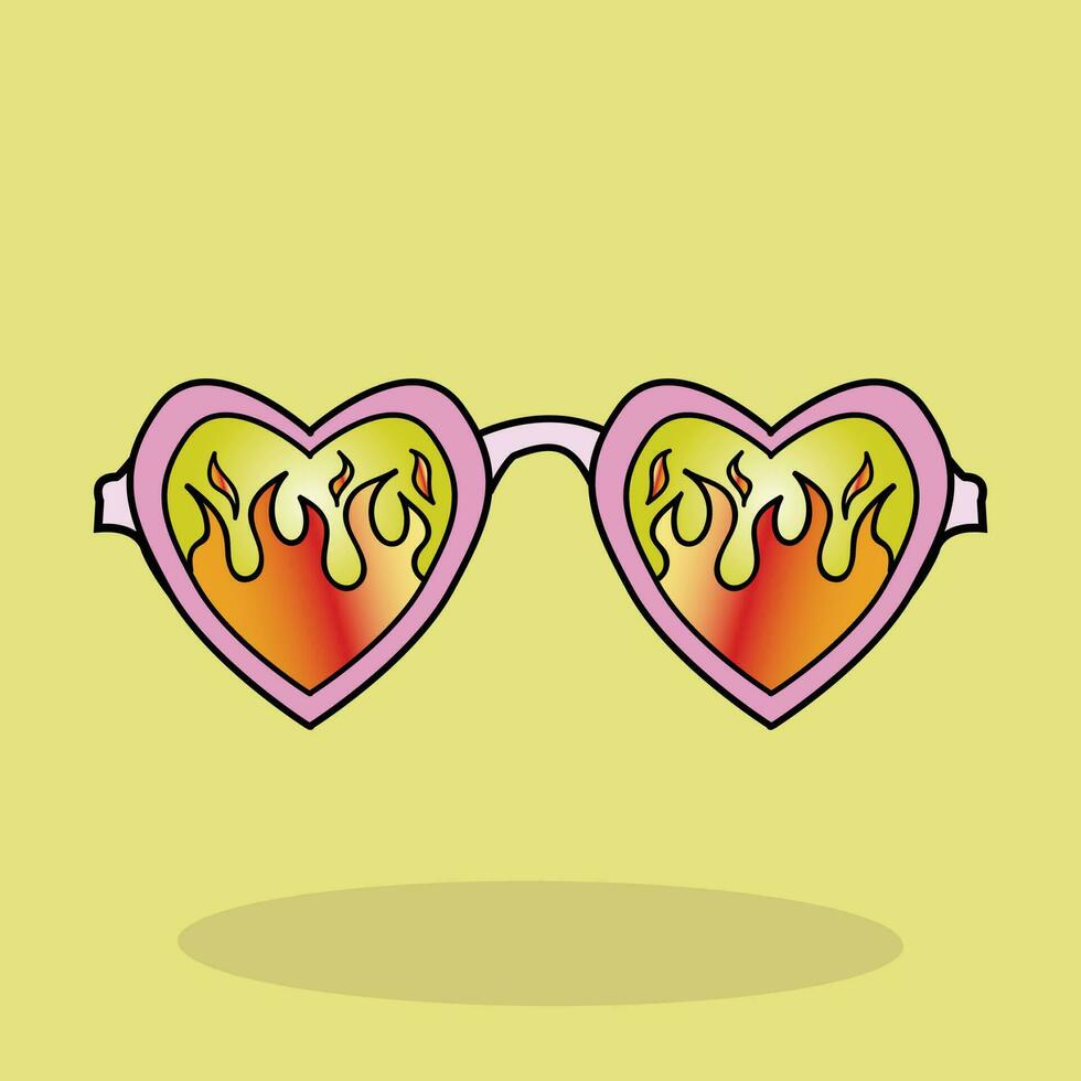 een geel achtergrond met een paar- van bril met een vlam ontwerp met een hart vector