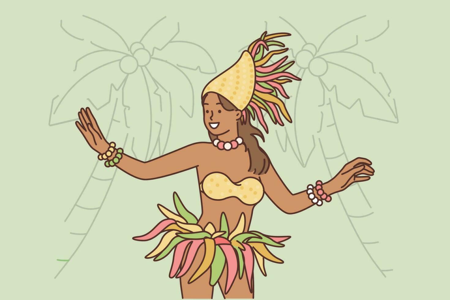polynesisch vrouw presteert exotisch dans naar vermaken toeristen bezoekende tropisch eiland gedurende zomer vakantie. meisje vertegenwoordiger van polynesisch inheems volkeren dansen Aan strand met palm bomen vector