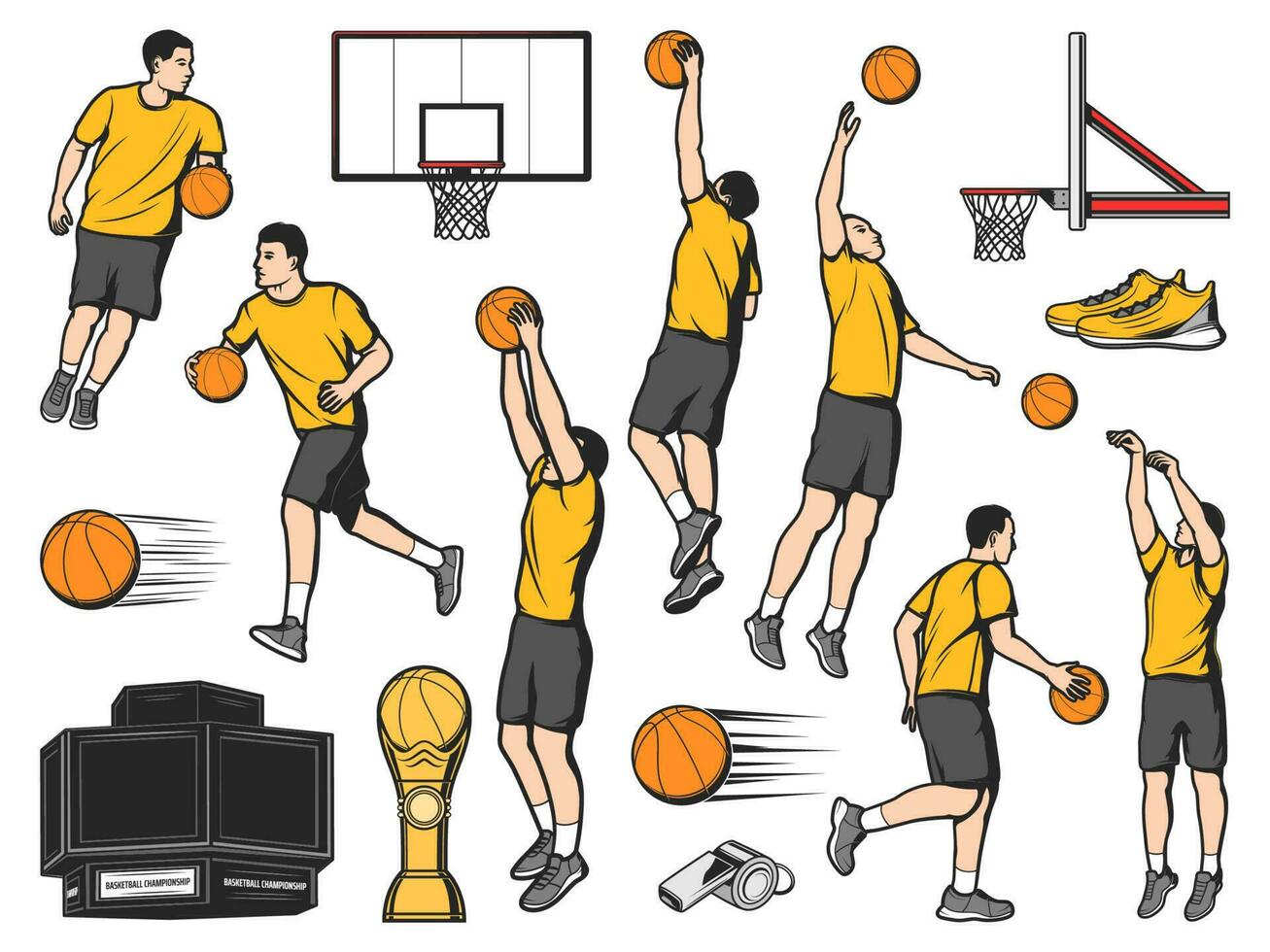 basketbal pictogrammen van spelers en sport spel items vector