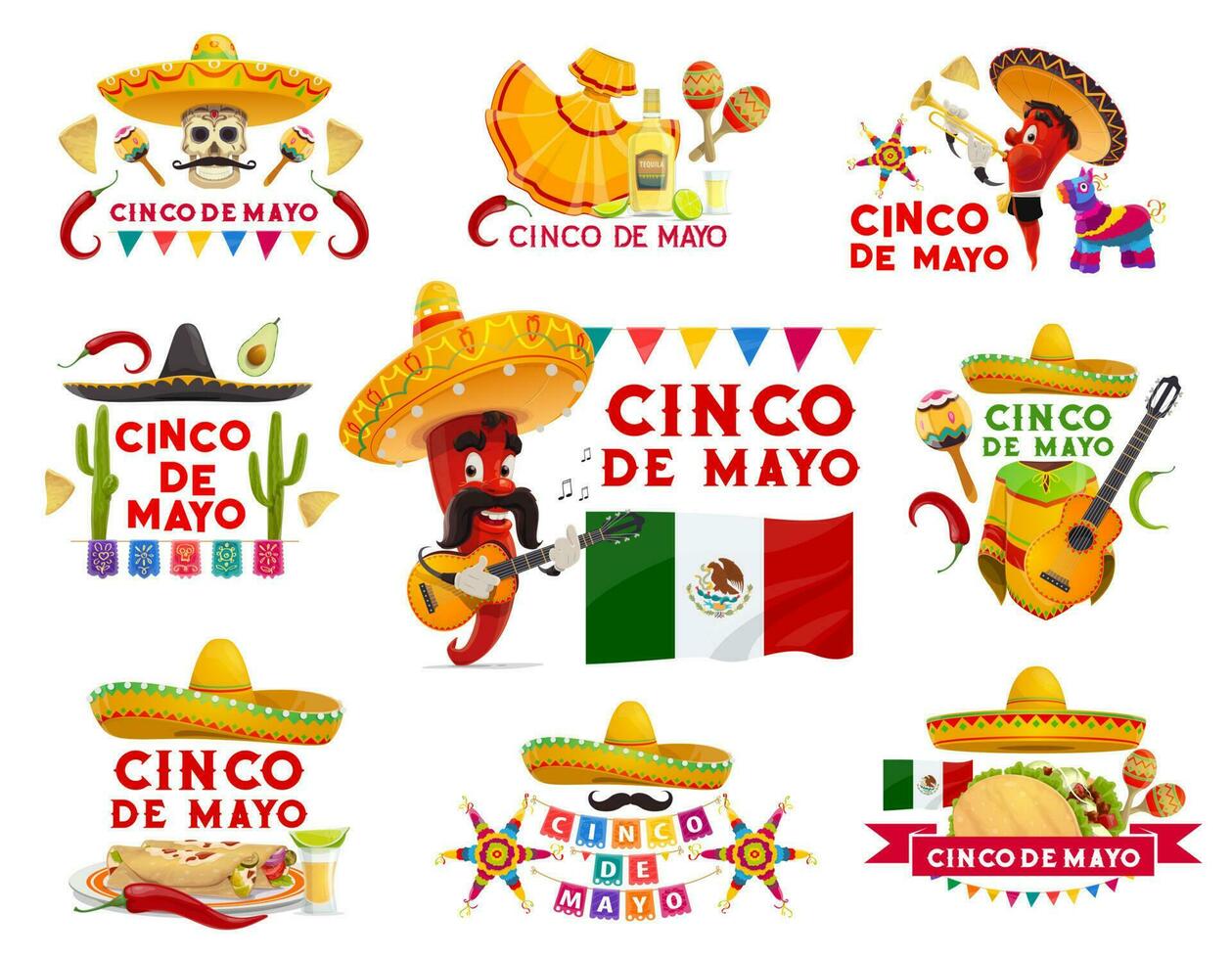 cinco de mayo vector pictogrammen, geïsoleerd emblemen reeks