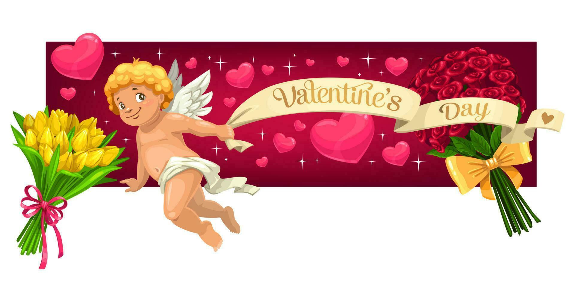 valentijnsdag dag harten, bloemen en Cupido engel vector