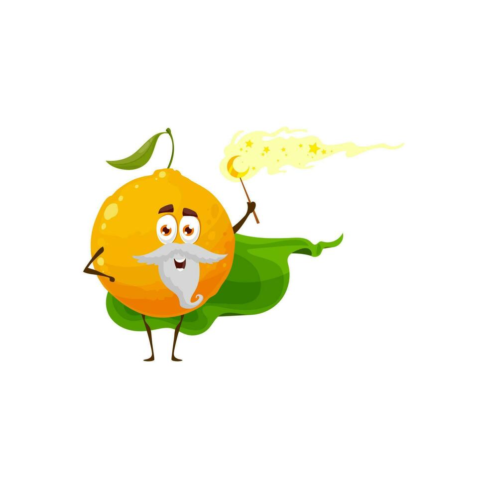 tekenfilm oranje fruit tovenaar of goochelaar karakter vector