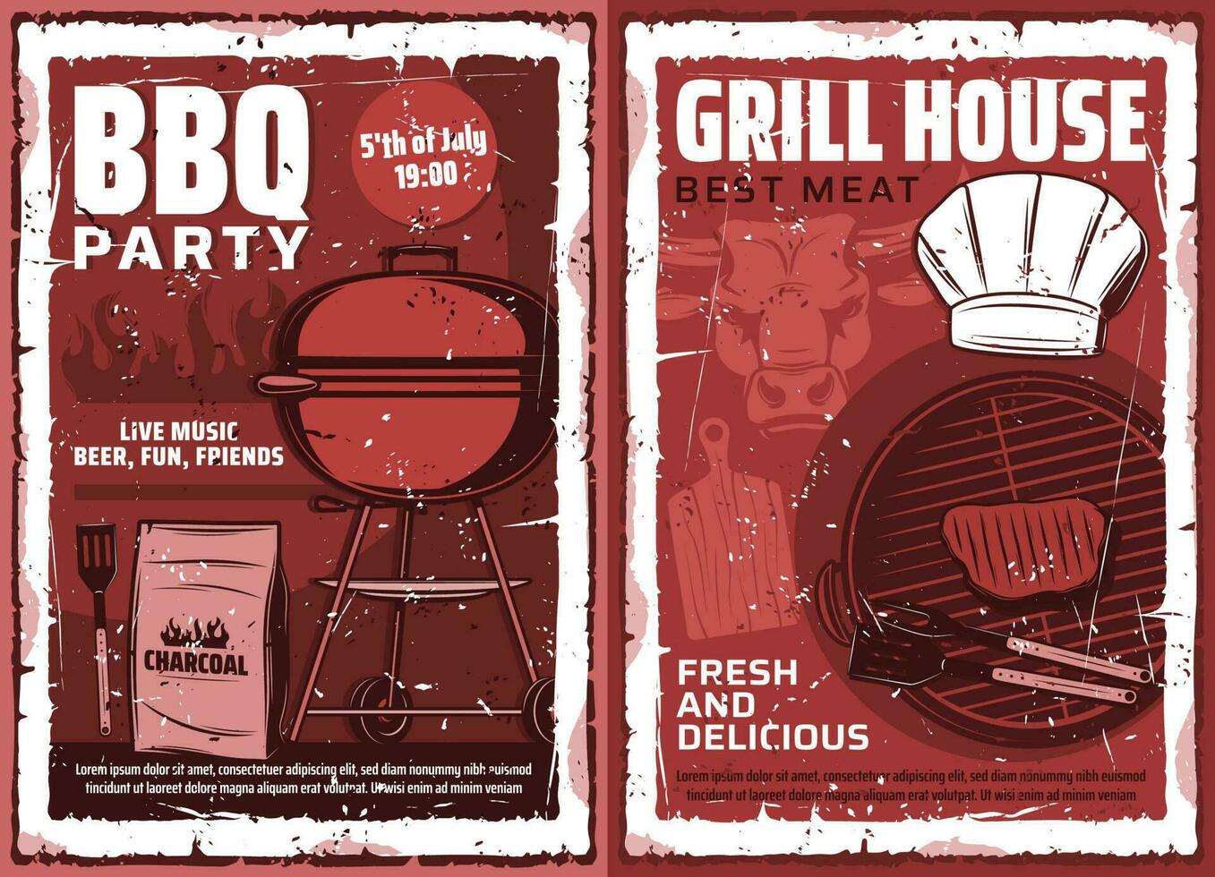 rooster huis, barbecue vlees partij retro poster vector