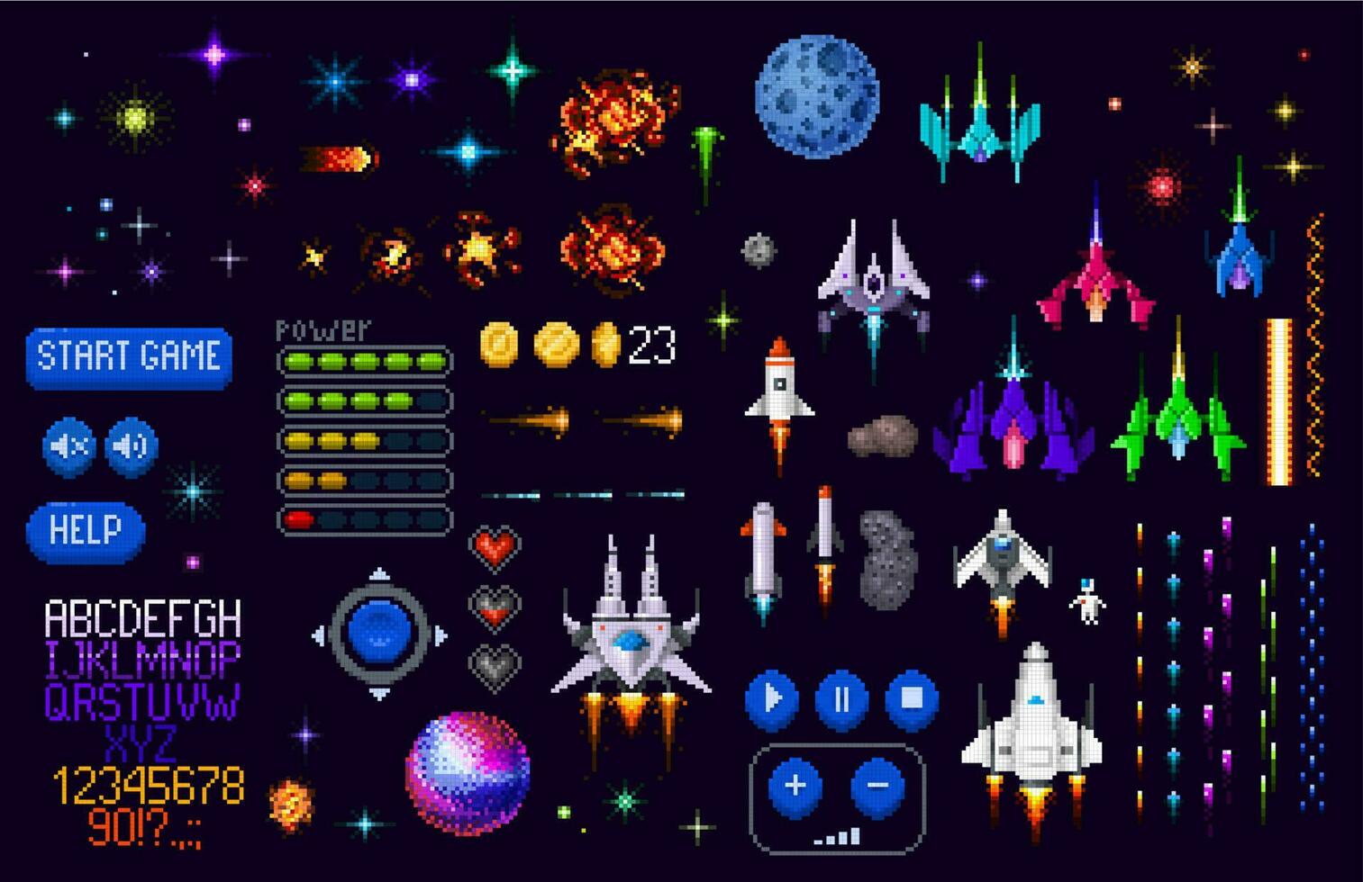 ruimte spel Bedrijfsmiddel 8 beetje pixel kunst, planeten, raketten vector