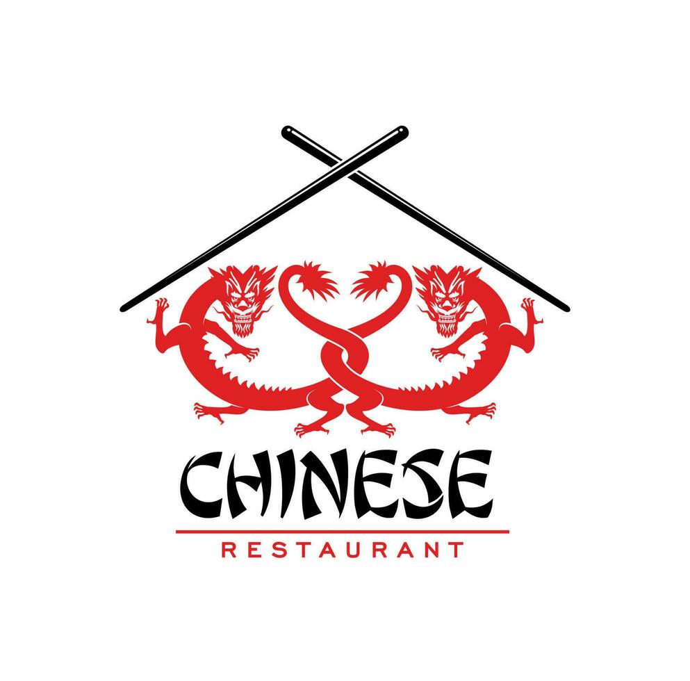 Chinese keuken restaurant icoon, draken, stokjes vector