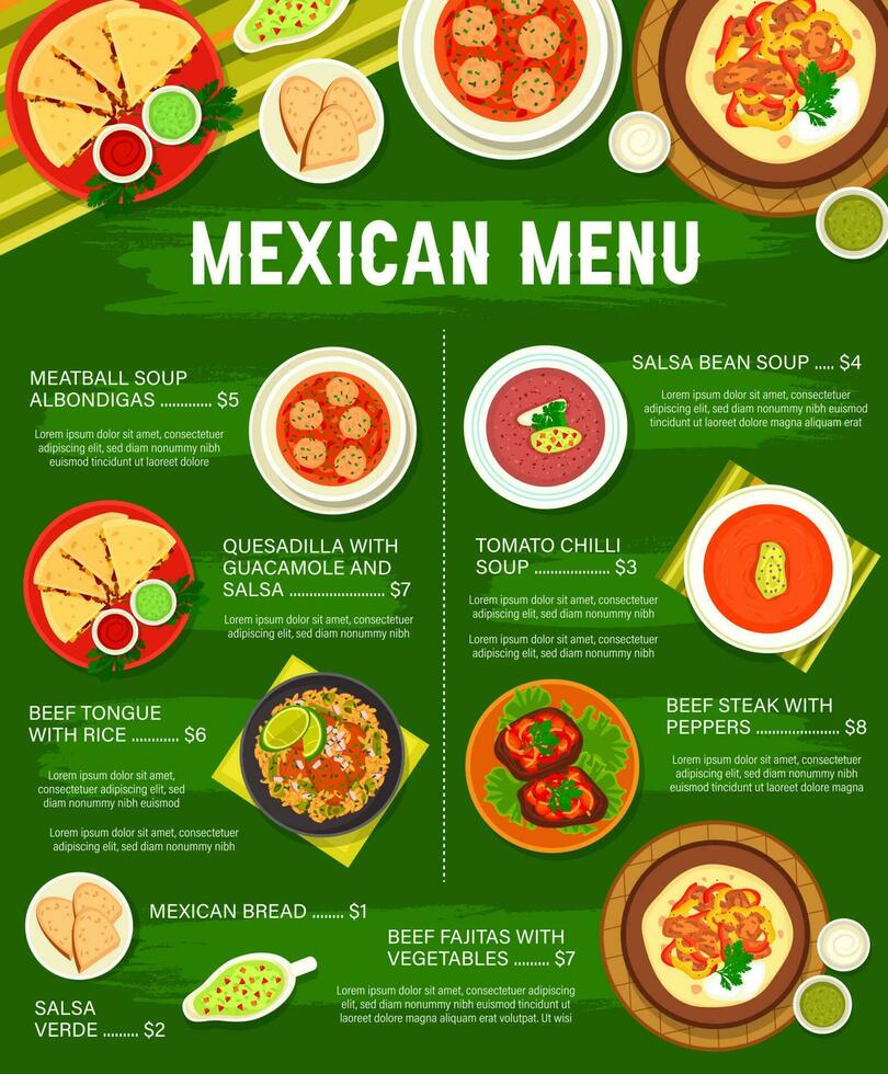 Mexicaans voedsel restaurant maaltijden menu bladzijde ontwerp vector