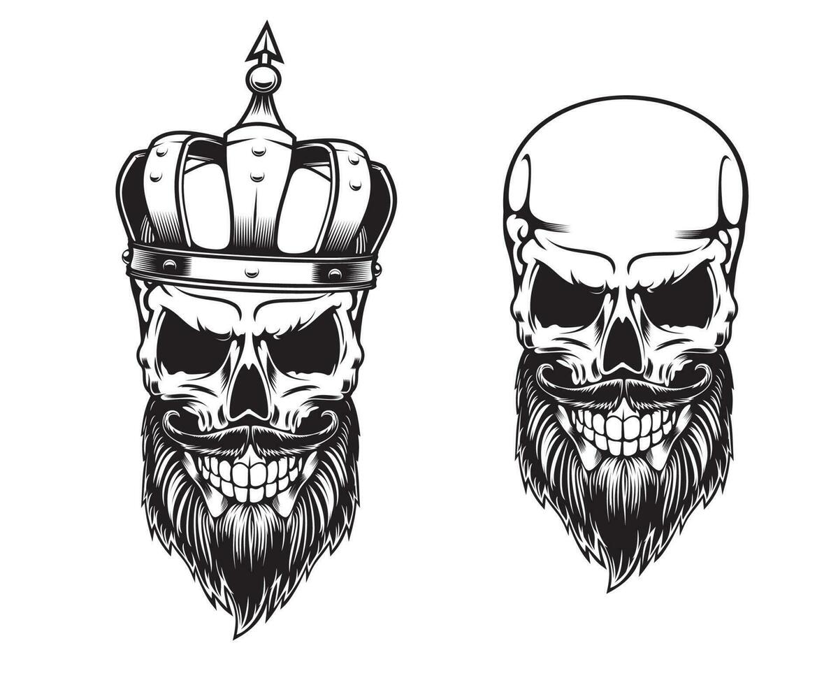 gebaard schedel in kroon, dood koning skelet tatoeëren vector