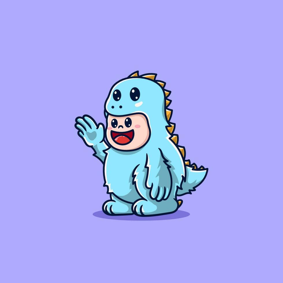 schattig kind vervelend blauw monster kostuum trex dinosaurus tekenfilm vector