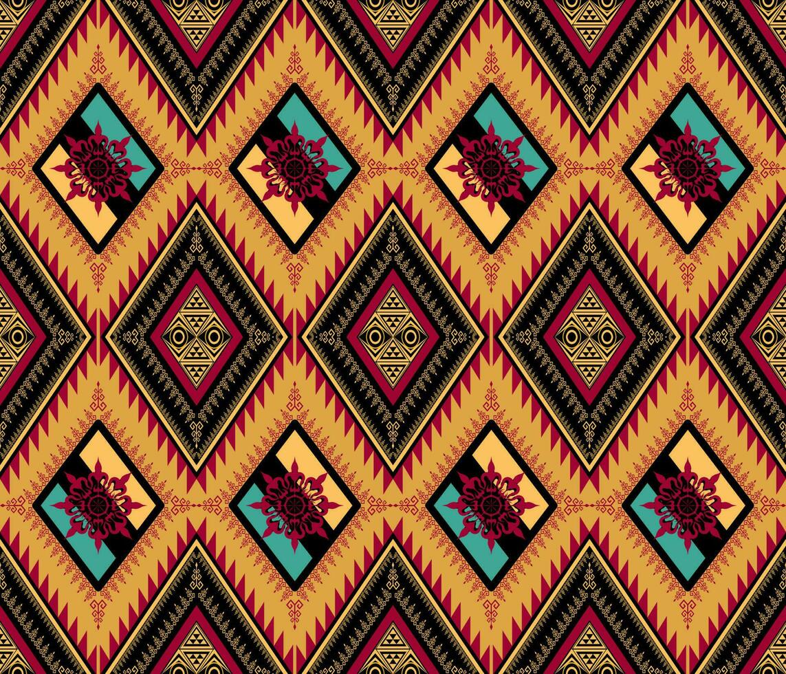 etnisch volk meetkundig naadloos patroon in rood en geel in vector illustratie ontwerp voor kleding stof, mat, tapijt, sjaal, omhulsel papier, tegel en meer