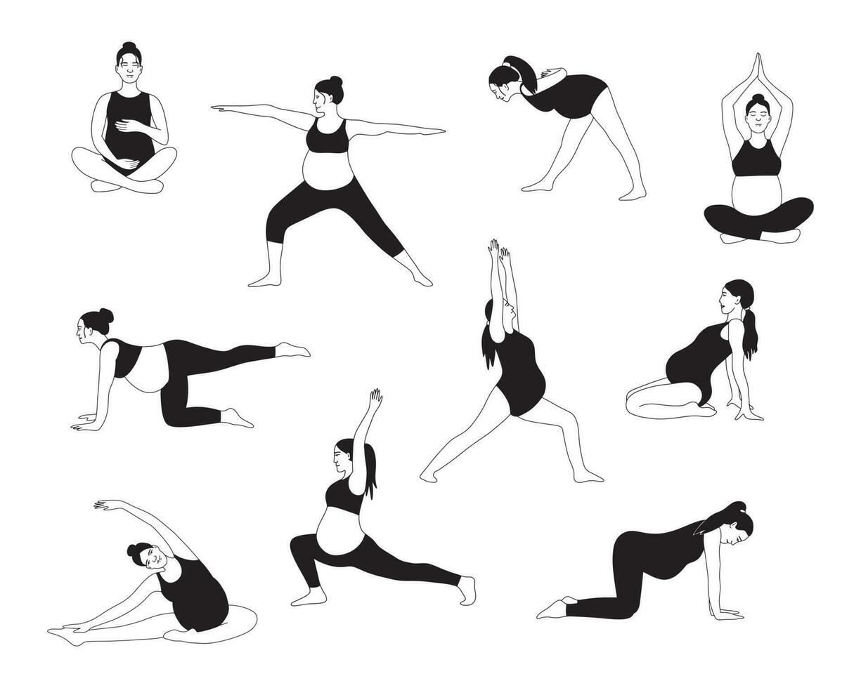 zwanger vrouw aan het doen yoga oefening. verschillend asana's voor Gezondheid en lichaam ontspanning. hand- getrokken illustratie geïsoleerd Aan wit achtergrond. vector