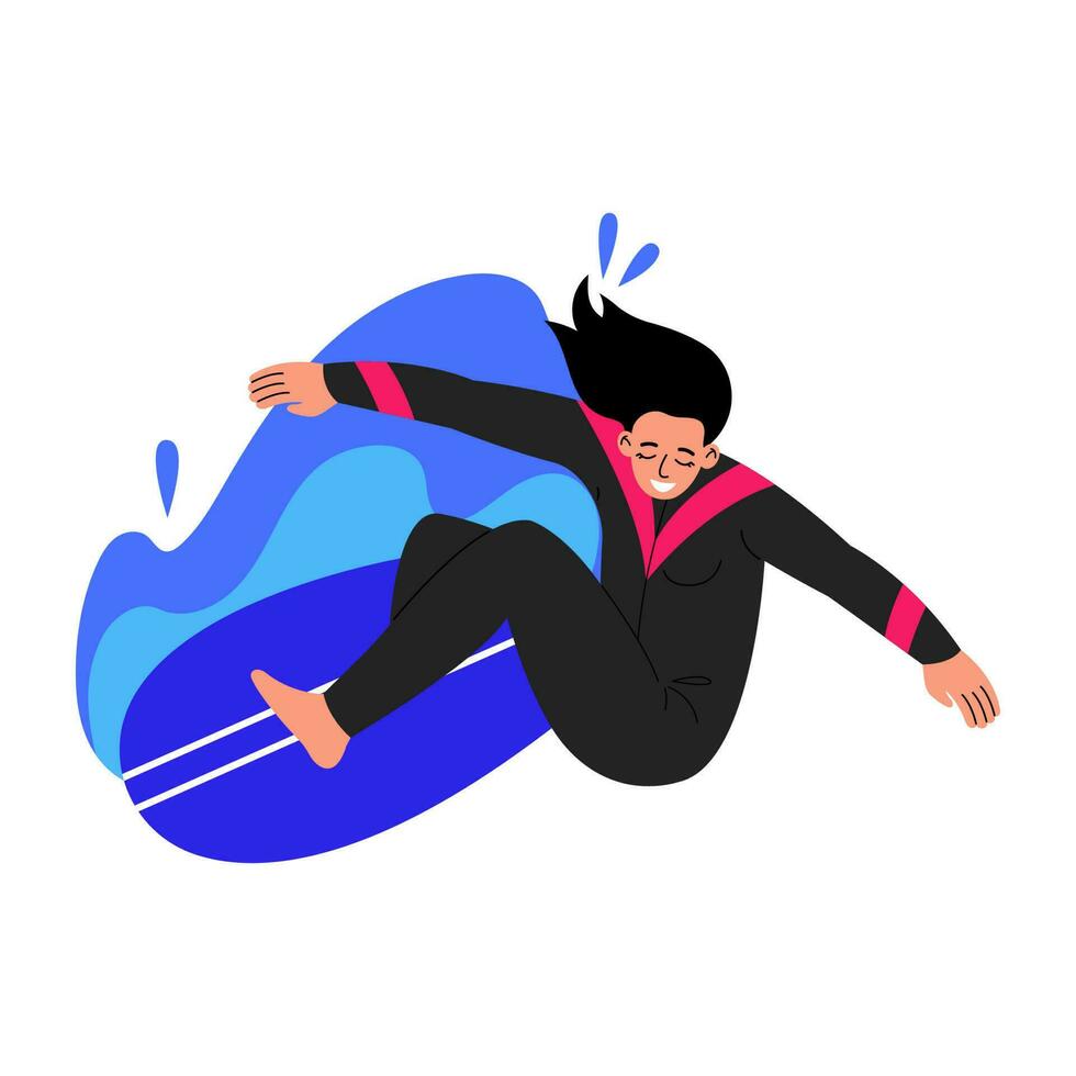 vrouw karakter surfen. surfer staand Aan surfboard in Golf. vlak vector illustratie Aan wit achtergrond.