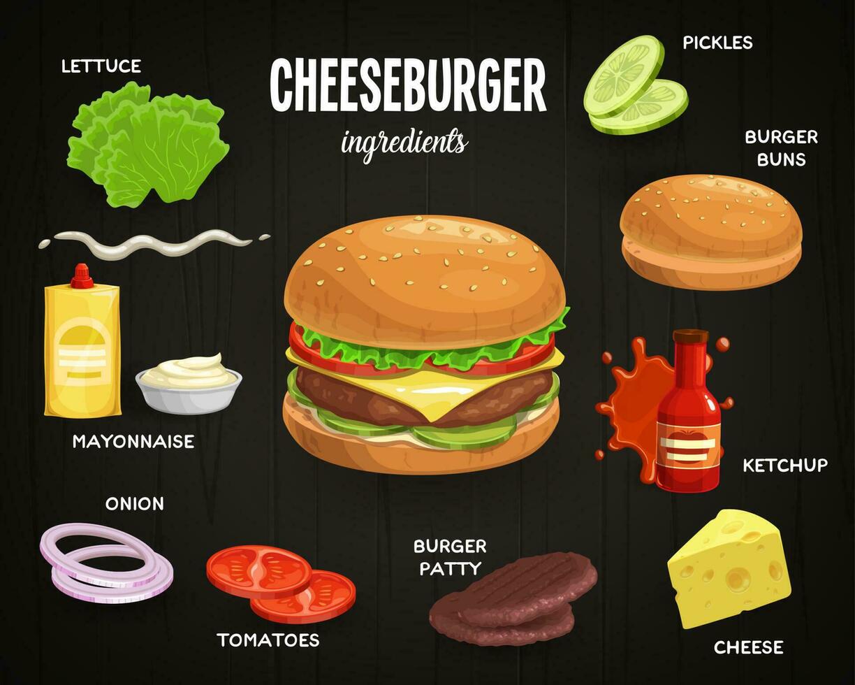 cheeseburger ingrediënten snel voedsel vector