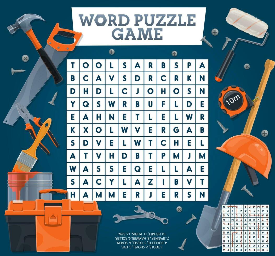 diy gereedschap woord zoeken spel puzzel werkblad vector