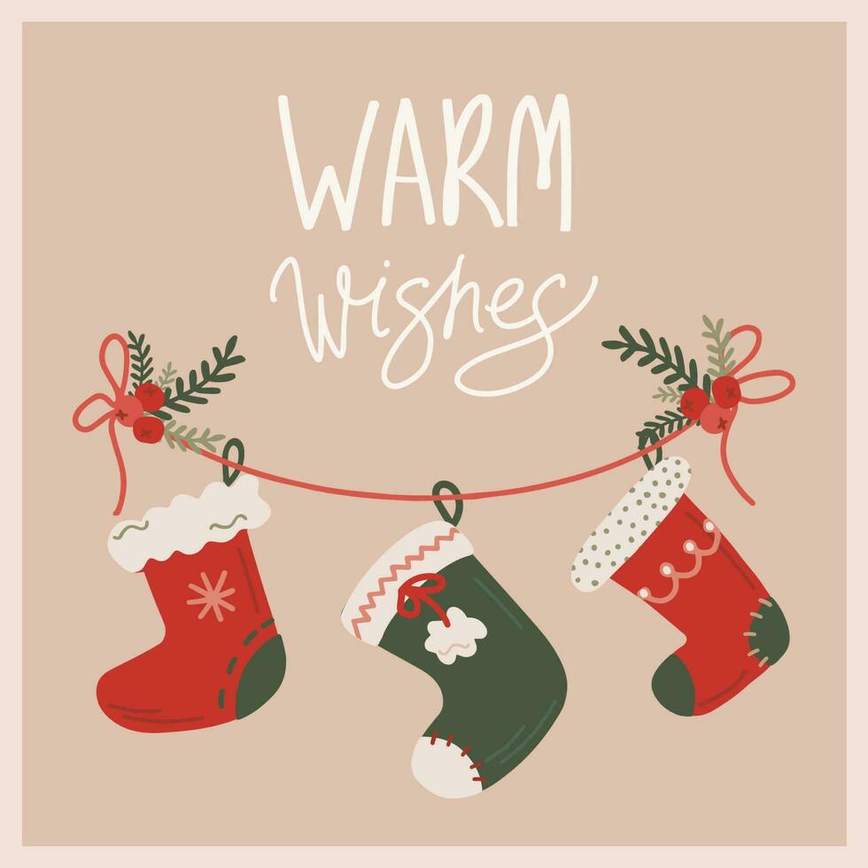 vector Kerstmis en nieuw jaar kaart met hangende Kerstmis sokken nieuw jaar symbolen. illustratie met warm wensen belettering