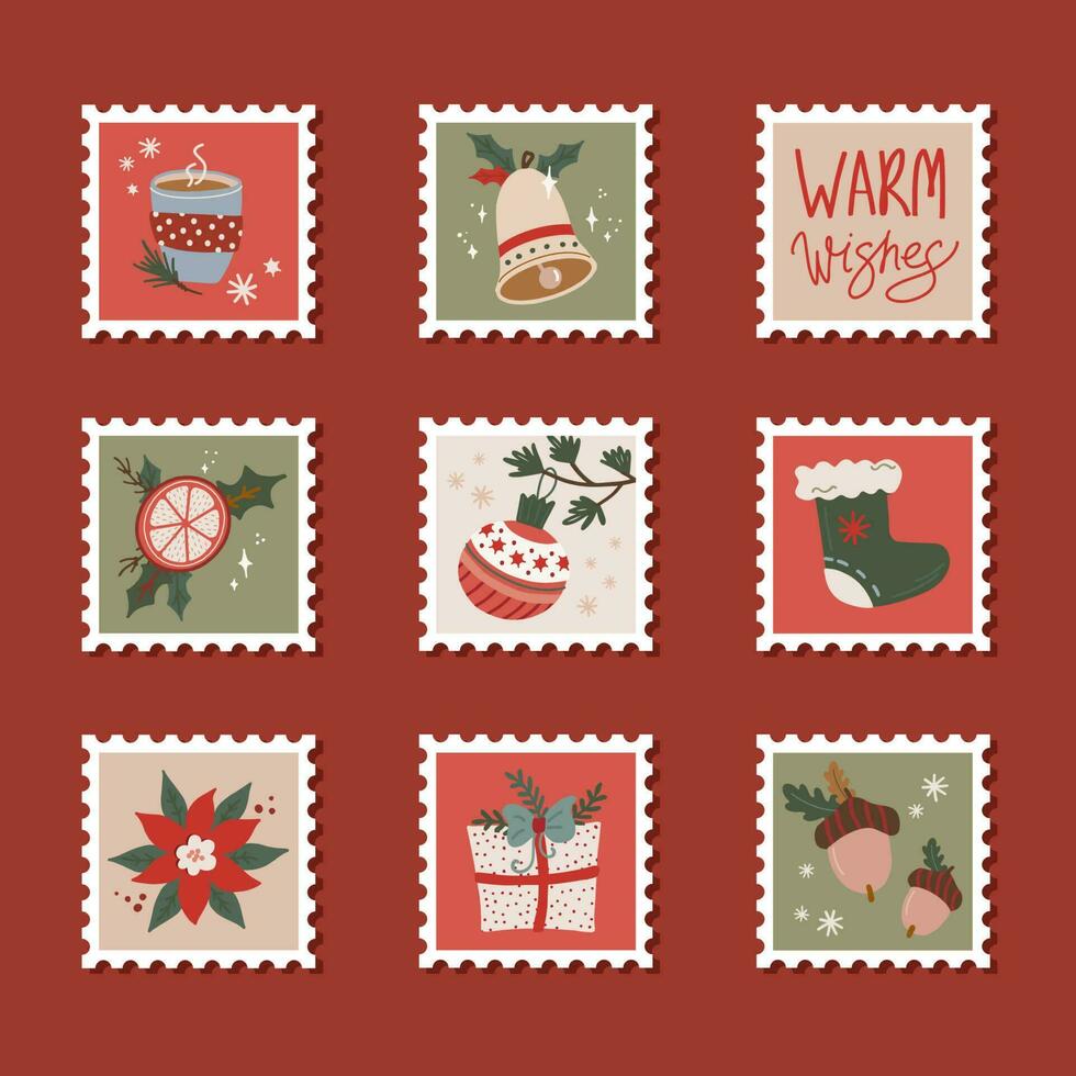 hand- getrokken verzameling van Kerstmis port postzegels in retro stijl vector