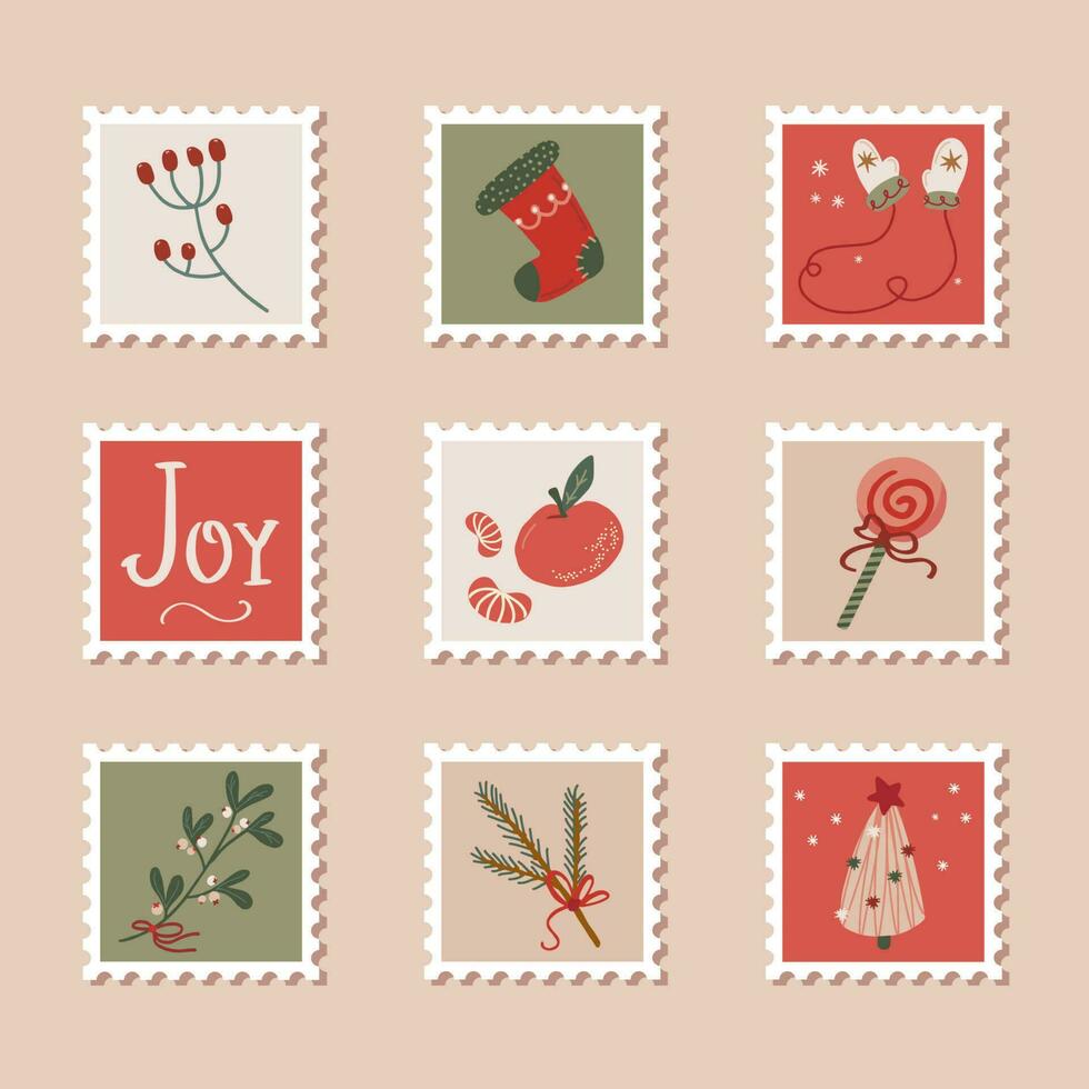 hand- getrokken verzameling van Kerstmis port postzegels in retro stijl vector
