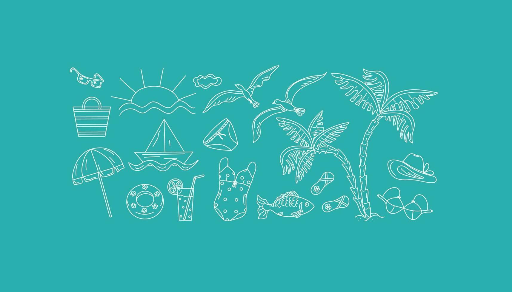 zomer strand set. pictogrammen van zomer, de strand. rust uit door de zee, de oceaan. zomer vakanties. tropisch klimaat, zon, palm boom, jacht. verkoudheid drankje, strand tas, kleren . vector grafiek.