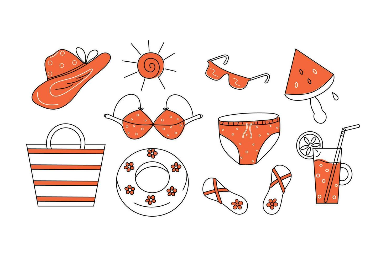 reeks van strand accessoires, zomer tas, zonnebril, drankjes, zwempak, ijs room en doodle-stijl zwemmen ring. zomer vakantie . pictogrammen zomer kleren, verkoudheid drankjes. vector illustratie.