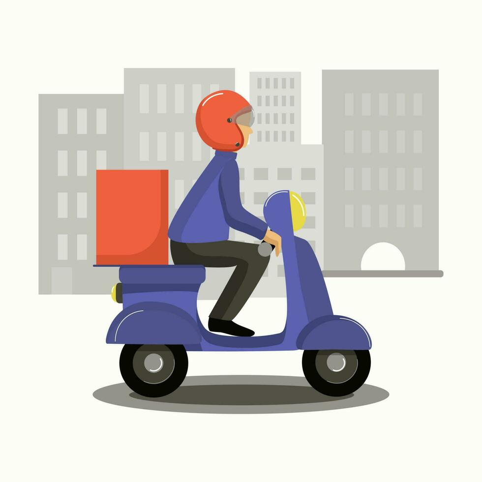 een Mens Aan een scooter. levering van goederen, voedsel, pizza Aan een scooter. een Mens in een helm, werk net zo een koerier. mensen, stad, vervoer. vector illustratie.