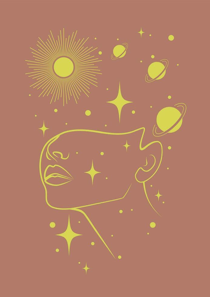 vector illustratie van een mooi vrouw in universum. vrouw fantasie concept. gekleurde hand- getrokken vector illustratie met planeten